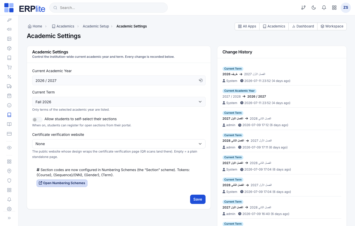 Settings › Integrations › Live classes · Academics › Settings
