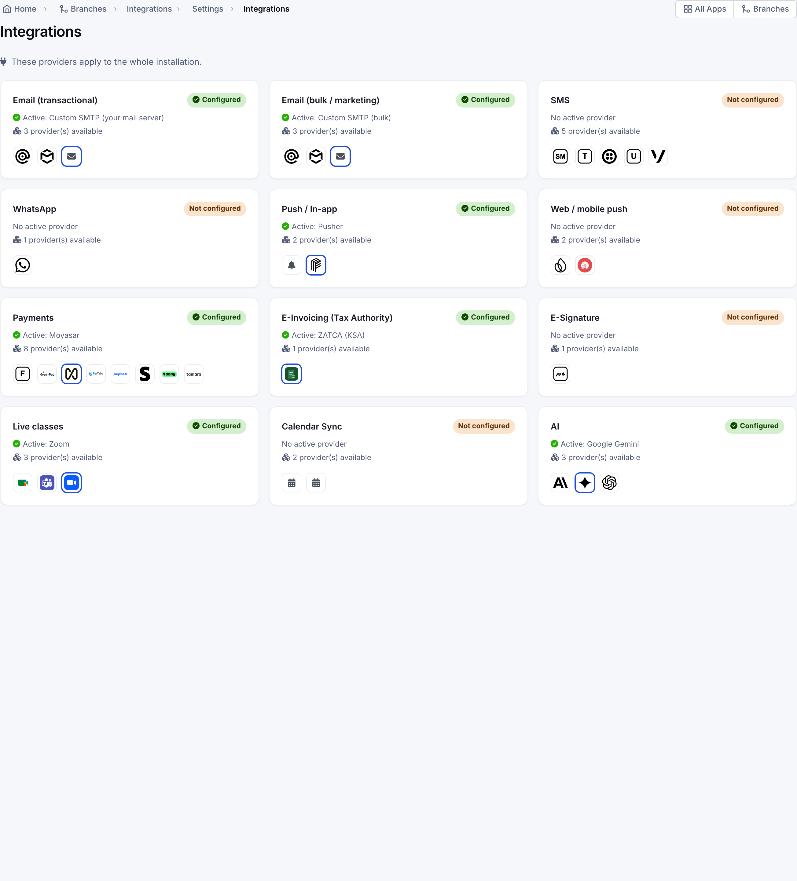 Settings › Integrations